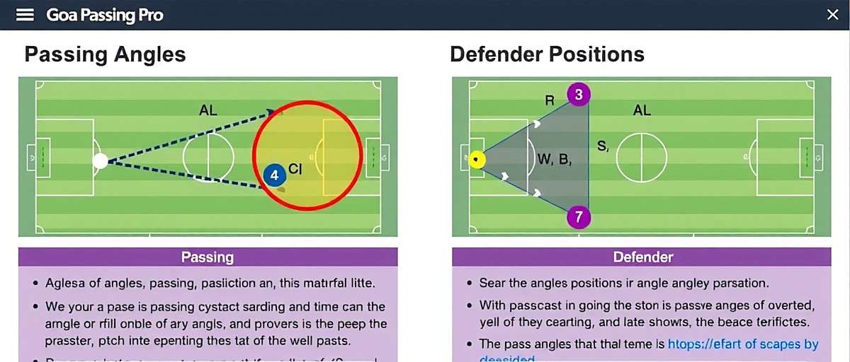 Goa Passing Pro strategy guide showing passing angles and defender positions